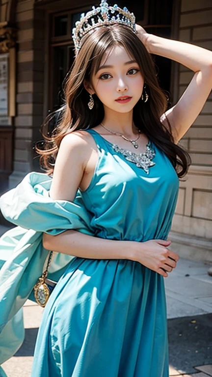 highest quality,masterpiece,ultra high resolution,(hyper realism、surreal:1.4),original photo,ultra high resolution,8K,there is a woman,Fair skin,exquisite makeup,(The background is a large, swirling wave.:1.2),(Blue-green dress with open neckline:1.2),high heels,long legs,bright and beautiful,sexy random poses,Lively poses,(slender woman:1.3)