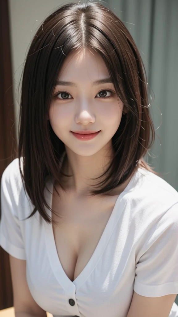 masterpiece、highest quality、figure、 Very detailed、Fine details、 High resolution、8K Dende Wallpaper、Perfect dynamic composition、Cute 19 year old college student、pretty girl、Beautiful face in every detail、Detailed and cute eyes、Textured skin、A modest smile、Shortcuts、Small breasts、Bold sexy pose、