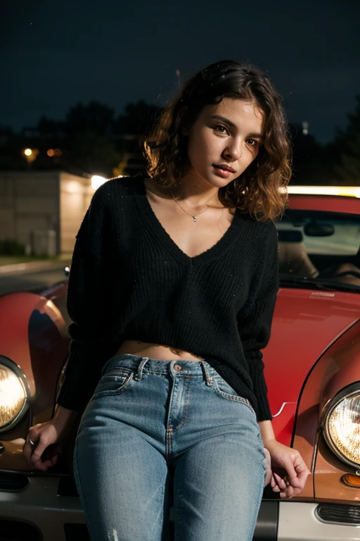 "Ultra-realistic image of a woman with short, red, shoulder-length hair, with large breasts and a large, round, firm butt. She is sitting in the passenger seat of a modern Audi R5, enjoying the trip on the highway towards Madrid, taking a selfie with her phone. She is wearing a black top and black jean shorts that highlight her figure. The natural light illuminates the interior of the car, with the landscape of the road visible through the window behind her. be as real as possible, without errors in the girl's generation."
