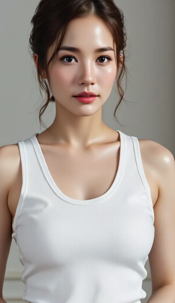 ((highest quality, 8K, masterpiece :1.3)), whole body, sharp focus: 1.2, Perfect body beautiful: 1.4, slim abs: 1.2, ((dark brown hair, : 1.2)), White Tank Top Dress: 1.1, (street: 1.1), Highly detailed face and skin texture, delicate eyes, double eyelid,medium long hair,photo of pull