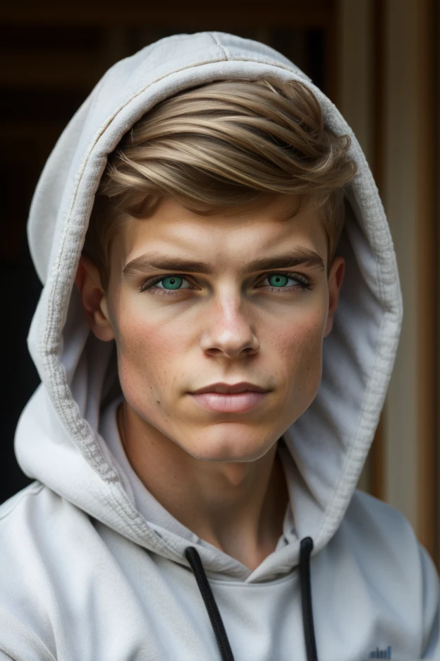 Close-up photo,Beautiful Young American man 17 years blonde, emerald green eyes,basic shirt,hood on white color head