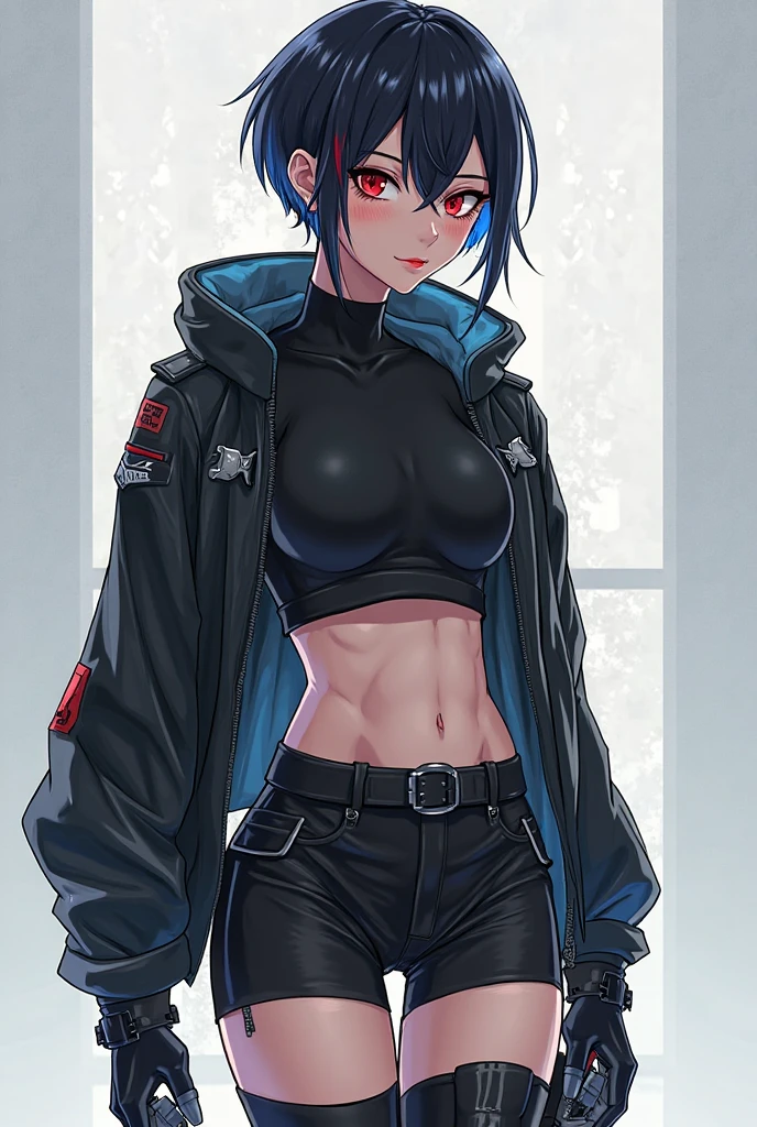 Dark purple hair, short hair, dark red eyes, ((Cool girl)), slim stomach, medium breasts