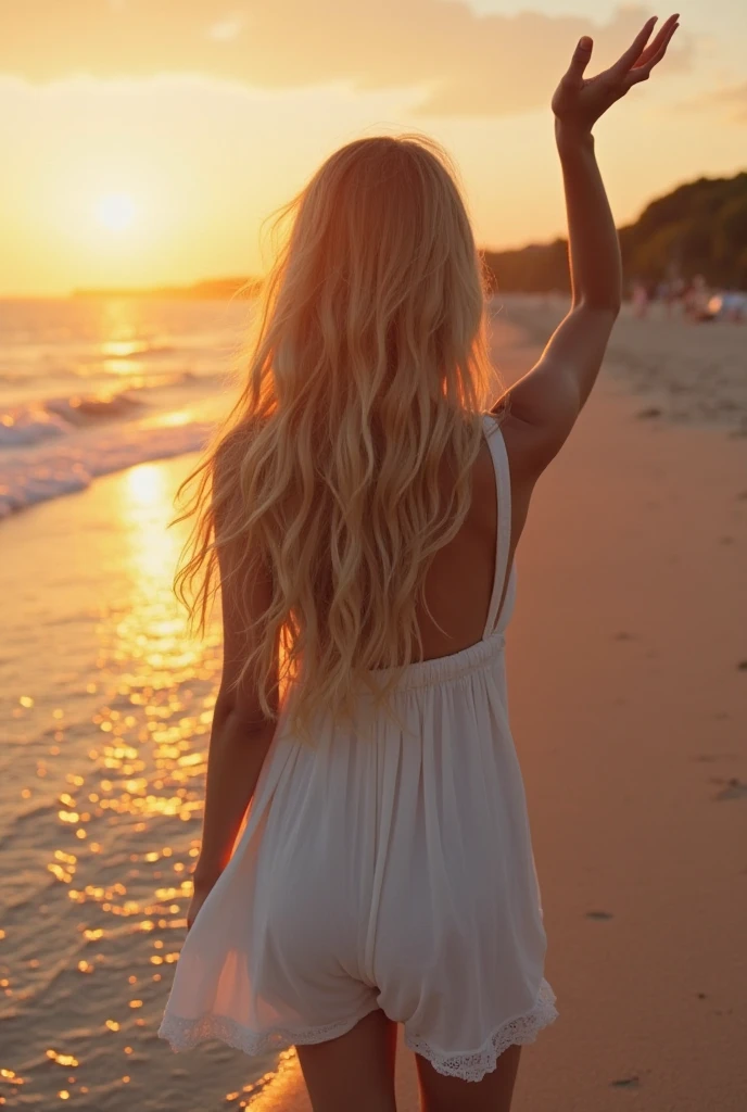 Girl, bеаutiful, from back, medium long hair, blonde hair, sunset and sea in the background