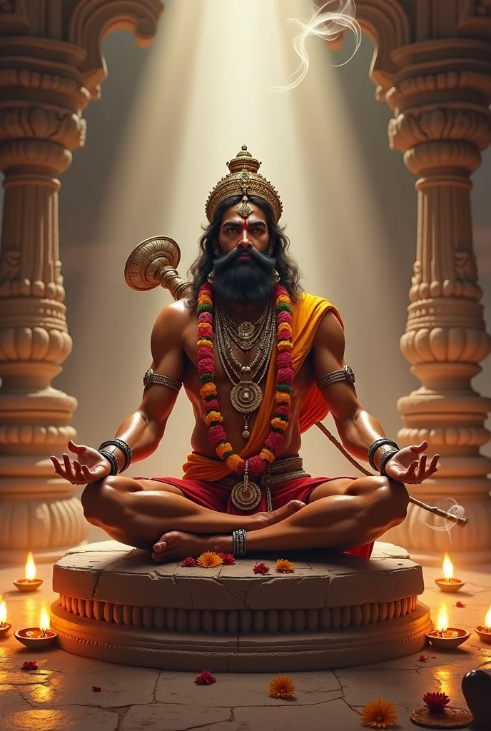 Hanuman Ji in Devotional Posture : Hanuman Ji, depicted in a vibrant, traditional style, sitting in a meditative pose with a serene expression, surrounded by symbols representing the eight Navadattas such as wealth, happiness, and health. In dall e-3 style