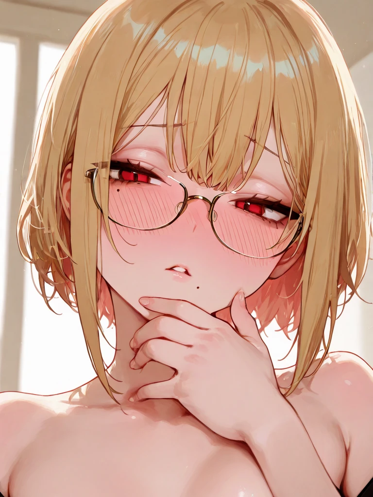 1girl anime coloring bblue eyes blonde hair background bed hair strand hair ties, nude, nipples, blushed, cum on glasses ((Droppy Eyelids, Black Eyelashes, small Female Chesty)), (anime art:0.1), view from above, heavy blushing, lustful face, kneeling, open mouth wide, tounge out, masterpiece, 4k, best quality
