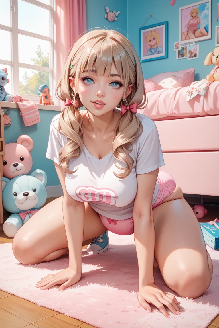 ((masterpiece, intricate details)), realistic, photorealistic, 1girl, mature female, green eyes, blush, blonde hair, pink highlights, dolly eyelashes, happy smile, huge breasts, thick thighs, egirl, pink bows, sitting, sat on carpet, on ground, mirror selfie, legs spread, legs bent at knees, knees to chest, feet flat on ground, smirk, skirt, crop top, cleavage, panties, sneakers, thick thighs