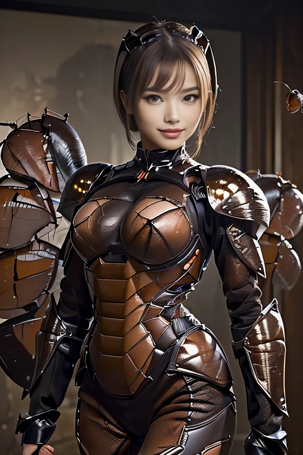 (high resolution,masterpiece,best quality,extremely detailed CG, anime, official art:1.4), realistic, photo, amazing fine details, all intricate, gloss and shiny,awesome many layers, 8k wall paper, 3d, sketch, kawaii, illustration,( solo:1.4), perfect female proportion,villainess, (fusion of dark brown cockroach and lady:1.4), (brown cockroach form lady:1.2), (brown cockroach lady:1.2), (fusion:1.2), (solo:1.4), (evil smile:1.2), muscular, abs, (cockroach brown exoskeleton bio insect suit:1.4), (cockroach brown exoskeleton bio insect armor:1.2), (brown transparency cockroach wing:1.4), (brown cockroach antennae:1.3),
