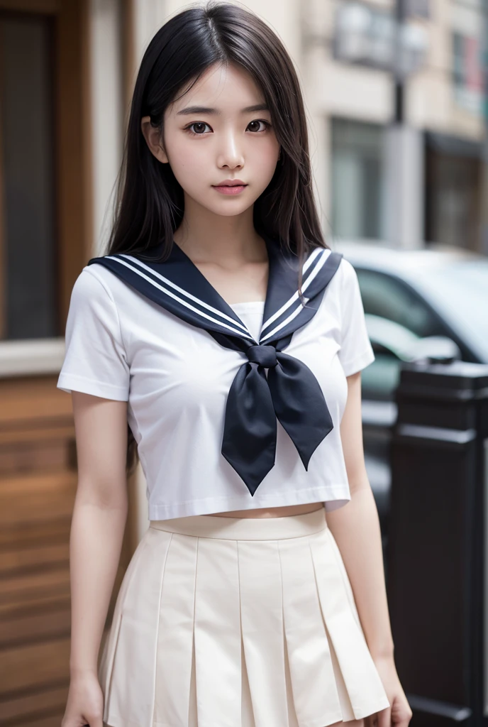 masterpiece、highest quality、Woman 1、Very detailed、((The view looking up from directly below))　Black Hair　Face seen from below　Japanese school girl sailor suit、Pleated skirt　((Muscular belly、Big Breasts、Under the chest、Chest seen from below))　Let&#39;s take a peek under the sailor suit　Sealing