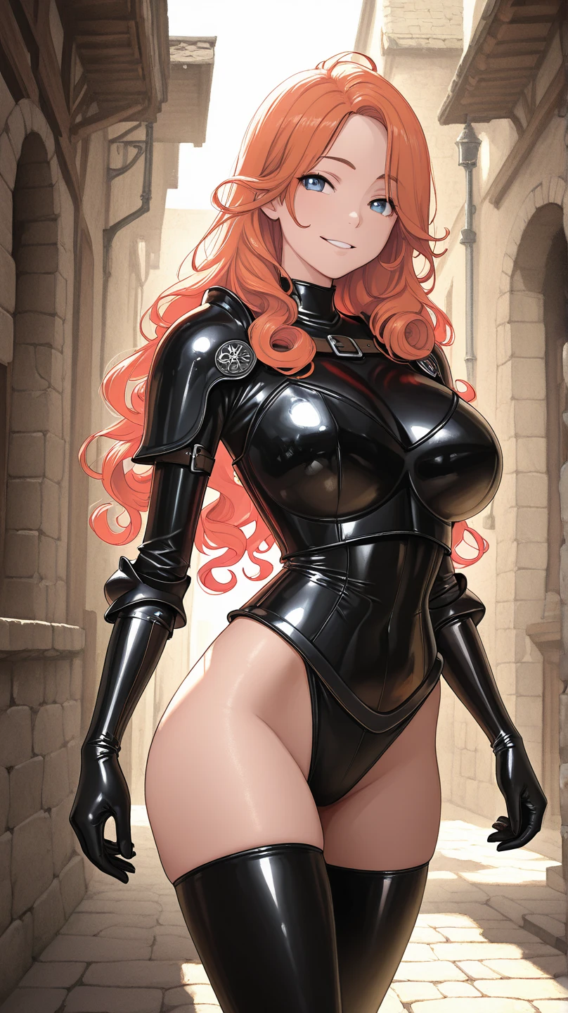 succubus clad in formfitting black latex uniform adorned with shiny gold accents, Her voluptuous hourglass figure((medium breasts:1.3)), heavy armored breastplate and matching thigh-high boots she wore, Long flowing crimson hair, ivory skin, emerald eyes,