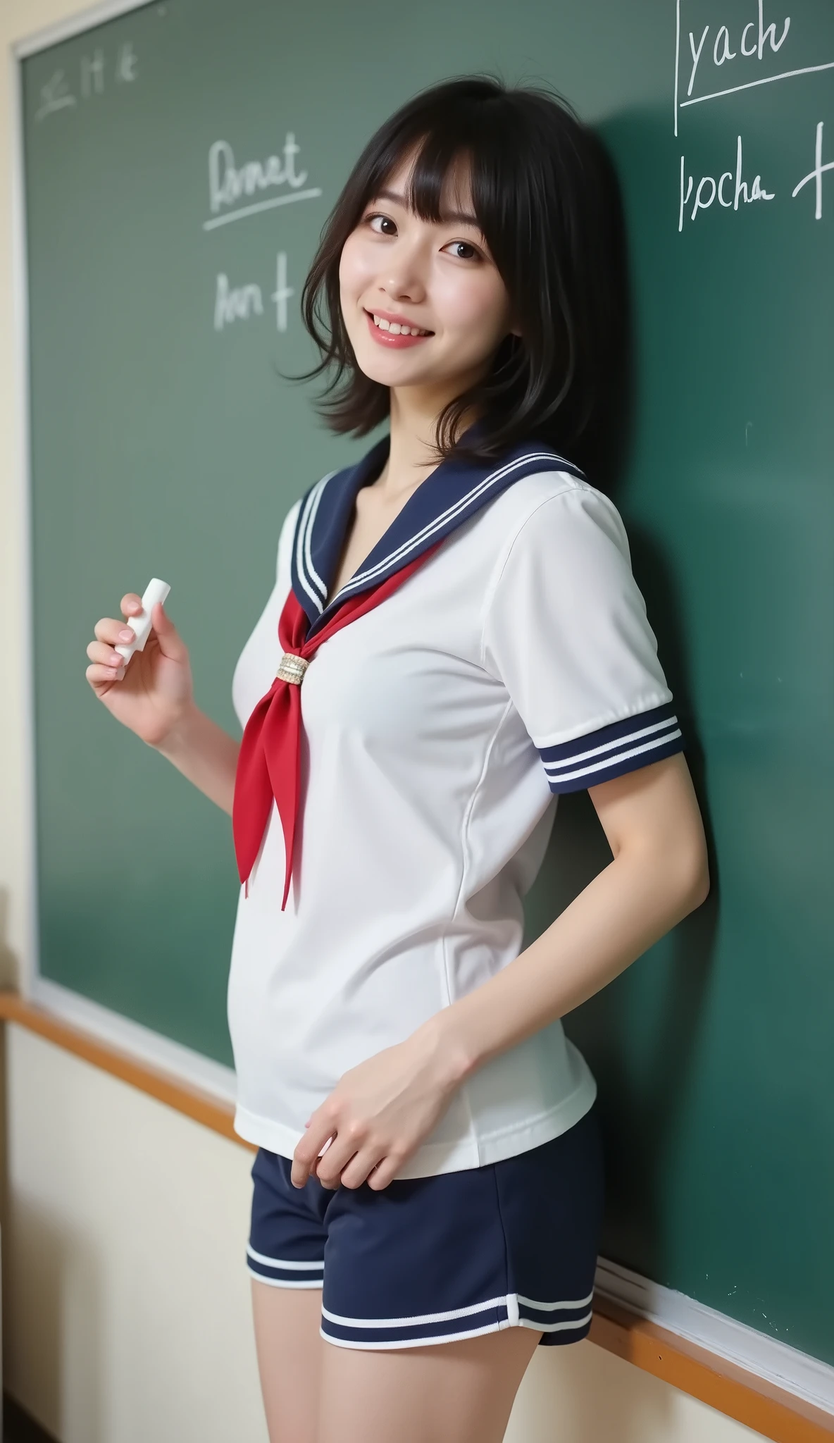『1 Japanese girl:1.3』『live action pics:1.3』Highest Quality:1.2、((Big Breasts))、with a slight chest opening、(( young woman))、『lol:1.9』、(((anatomically accurate、perfect anatomy、anatomically accurate指)))、slender body,realistic, Highest Quality, ultra high definition, RAW photos , (curvy body)、full body,she smiles like an idol,white sailor suit,the collar and skirt are dark blue,red ribbon ,she's standing in front of the blackboard solving the problem,I'm holding a white chalk in my right hand、I'm writing with chalk on the blackboard,the hem of her sailor suit rises upward and I can see my belly,side angle in Hawaii,