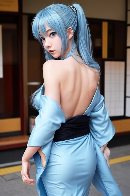 Anime high school girl, wear a sexy kimono, short kimono, bare hands, bare back, bare shoulder, to walk, long hair, light blue hair, look at the viewer, Blue eyes