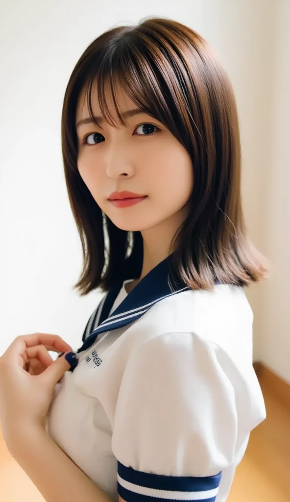 (Highest Quality, 8k, masterpiece:1.3), (((Big Breasts: 1.8))), (beautiful face:1.3), ,sitting on the floor,(indoor),bedroom,(shiny skin),(brown skin),(sweated),( Japanese Gal  ),(brown hair),bob hair,(  slim:1.2),(Bewitching Poses),watch viewers,(My shy butt),(Open sailor suit showing chest :1.1),(Lift the hem of the shirt、show your chest with your hands:1.3),(please open the white gym clothes where you can see your nipples:1.3),(  Skin-tight  ),(tilt your head to the side),split your hair and see your forehead, displayed from the bottom of the front ,opens legs,platform sandals,miniskirt,miniskirt,dark blue pleated skirt,(white micro panties:1.3),nsfw,M-shaped leg opening,