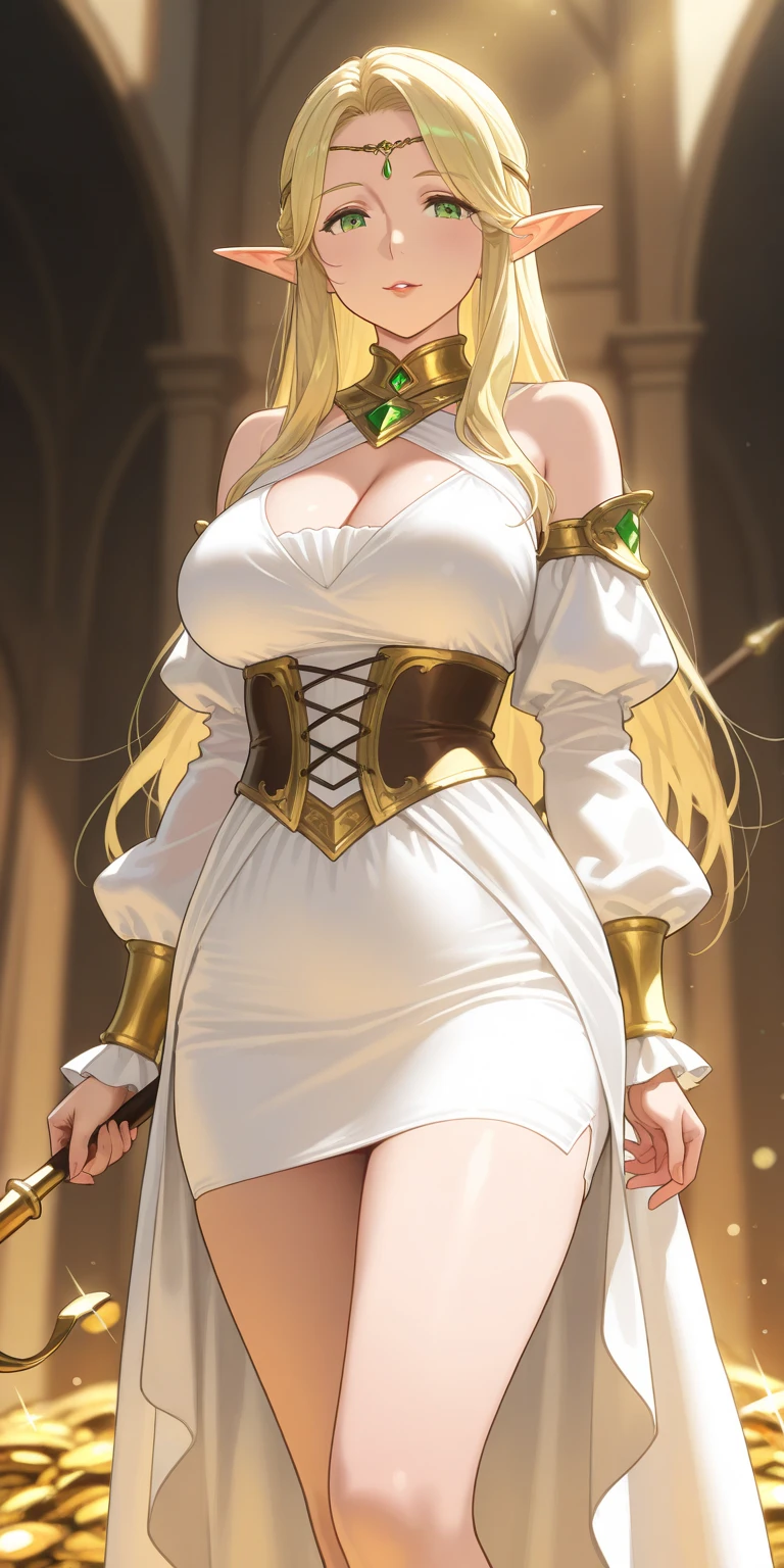 4K,High resolution,One Woman,Blonde,long hair,Braid,Green Eyes,Big Breasts,Nuns,White sacred armor,Sideboob,White boots,White Veil,Black tights,Jewelry decoration,Gold decoration,Long sword,Medieval town,In front of the church,Daytime Sky