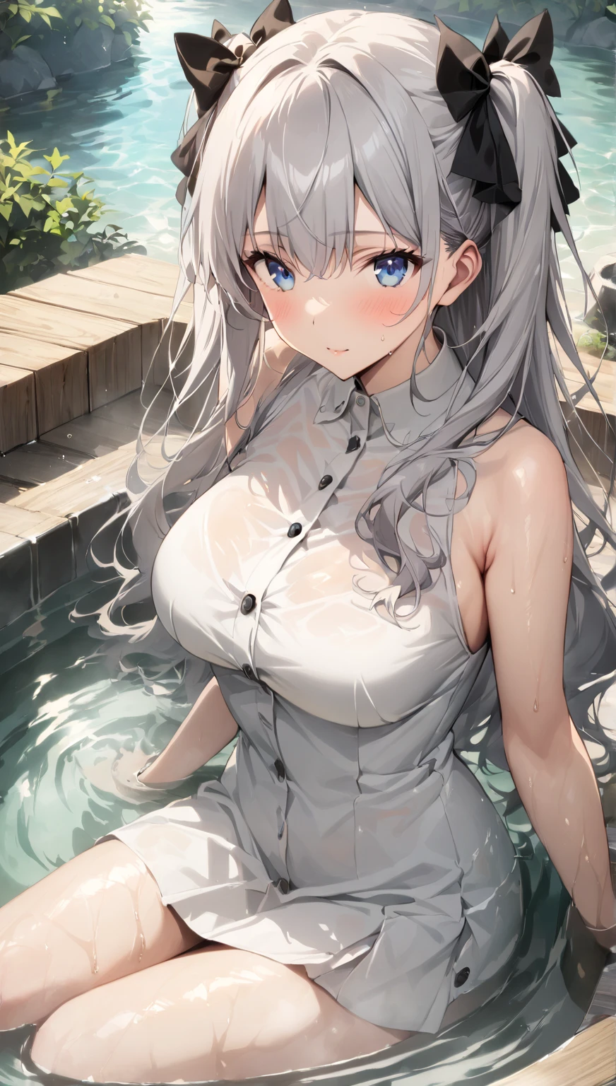 Masterpiece, Very detailed, Ultra-detailed, one tall beautiful woman, Masterpiece, Very detailed, Ultra-detailed, long lovely hair, beautiful eyes, sitting in the rain, flushed face, wearing a wedding dress, white dress, beautiful dress, alone, complete mental snap, attractive, ruined makeup, busty