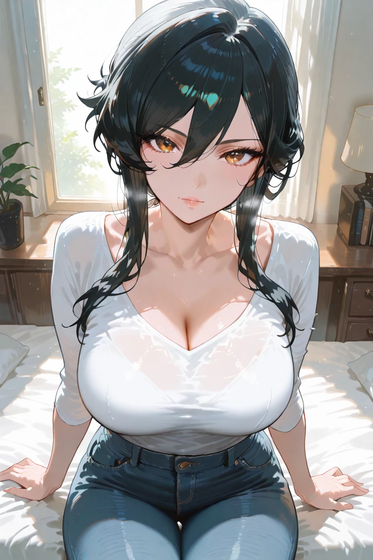 professional artwork, Intricate Details, field of view, sharp focus, detailed painting, photorealistic lighting, trending on pixiv,(masterpiece:1.0),(best_quality:1.0), ultra high res, ultra-detailed, photography, 8K, HDR, highres, absurdres:1.2, Kodak portra 400, film grain, sharp focus, bokeh:1.2, lens flare, (vibrant_color:1.2), (((indoors))), Annerose, 1girl, female mature, black hair, long hair, (yellow eyes), large breasts, wedding dress, higheels, soft skin, hair intakes, cleavage, (solo:1.4), (upper body, half body shot), seductive, seductive smile, stretching