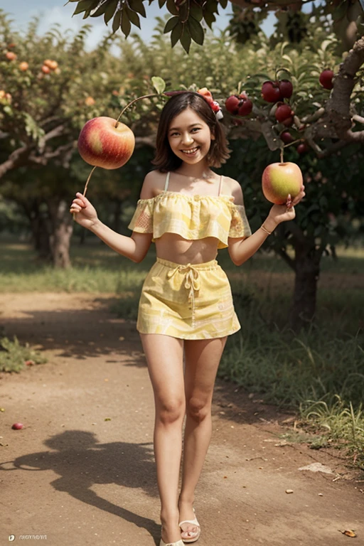Portrait of young woman in  reaching for fruit from a tree, slightly dark skin, soft daylight