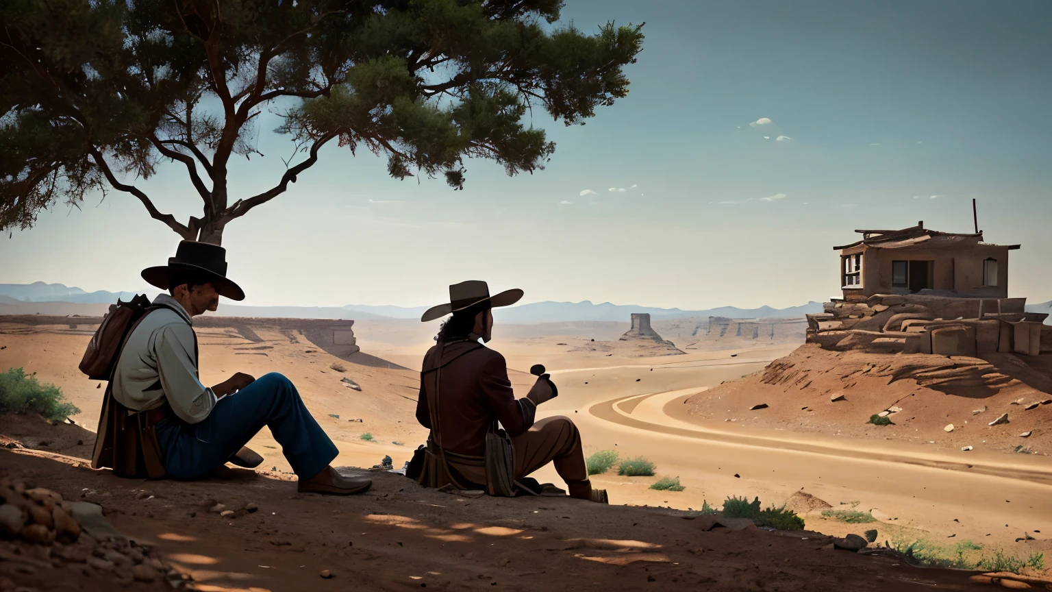 A man sitting under a weathered tree on a Wild West hilltop, gazing into the distance, with a woman cautiously approaching. The sky is dim with overcast clouds, the air dry and dusty. The atmosphere is tense yet silent, with the unspoken connection between them as they meet in this rugged, isolated land.