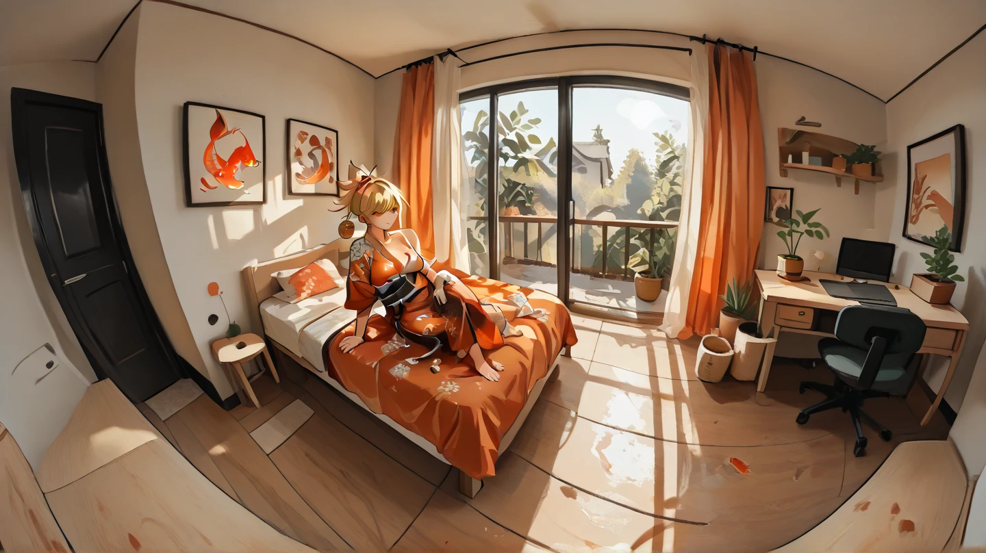 wide shot, fisheye perspective, curvilinear perspective, bird's-eye view, sunlight, extended borders, negative space, environment, indoors, historical japanese style room, spacious, living space, cozy bedroom, furniture, table, houseplant, goldfish, full body, solo, relaxed, lying on bed, barefoot, (masterpiece), best quality, yoimiya, blonde hair, hair ornament, ponytail, bandages, rope, tattoo, orange kimono, cozybedroom, f1sh3y3, 4mm fisheye, ultra-wide angle, spherical perspective, GoPro