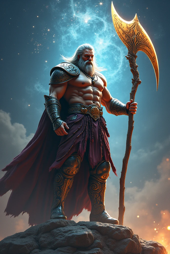 Berserker, Barbarian old man, Arte de Fantasia, of his gaze alone enemies beginning to panic, one head, devilish smile, besta do inferno, demonio, White Fire Sky, guerreira, com foice e escudo, lindo, old mans, Werelion, Long red braided hair, olhos dourados brilhantes, realista, altamente detalhados, Motor irreal, 8k de luxo