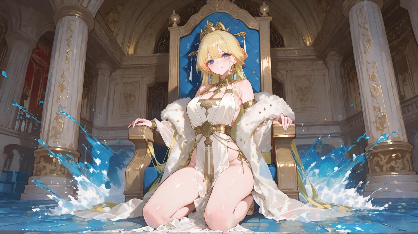 Naked Queen elf sit on the golden throne, J cup, thicc thigh, golden pasties on tits and pussy, golden tiara, golden bracelets, golden necklace, golden cape, golden heels, golden thigh high, crossing legs, clear view, master piece, perfect.