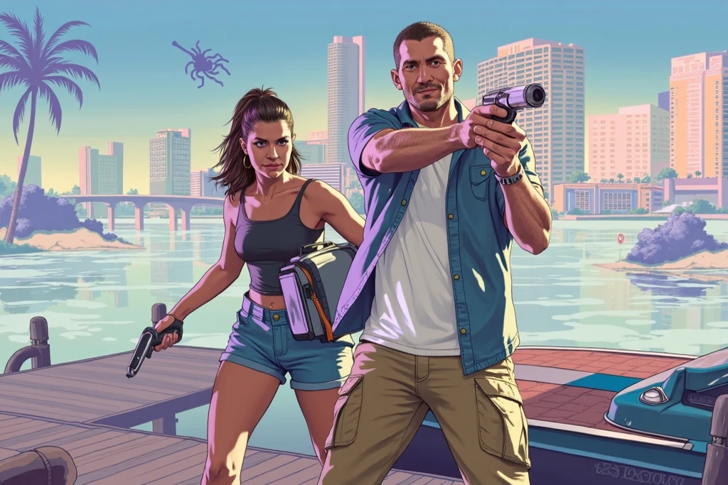 Create a highly detailed Realistic and Unreal Engine 5 like image. The image is a vibrant and dynamic promotional artwork for "Grand Theft Auto VI" (GTA VI). It features a stylized, colorful depiction of two central characters in an action-packed scene. In the foreground, a woman with long, dark hair and a determined expression is leaning over the hood of a car, holding a handgun in her right hand. She is dressed in a low-cut pink top and jewelry, exuding confidence and readiness for action. Behind her, a man with a stern face and a distinctive tattoo on his right temple stands close, also gripping a firearm. He is wearing a white shirt and black gloves, enhancing his tough, no-nonsense appearance. The background is rich with details, including palm trees, a setting sun casting an orange and pink glow, and various characters engaged in what appears to be a heist or confrontation. Some figures are holding guns and are dressed in suits, adding to the chaotic and intense atmosphere. The "Grand Theft Auto VI" title is prominently displayed in the top right corner, with the iconic font and style associated with the series. The overall art style is reminiscent of the vibrant, exaggerated aesthetics typical of the "Grand Theft Auto" series, capturing the excitement and action of the game.
