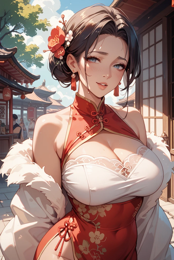 Beautiful Chinese woman with flirtatious smile, Wearing a red Tang suit with golden lace, Drop your shoulders, plump breasts, seductive cleavage, Yellow eyes, Leaning forward, Focus on the audience, state's, split, HD, UHD, Wallop, artistic sprout, long braid hair, grow long hair, realistic eyes, Very detailed目, natural skin, natural skin texture, Scattered under the surface, calm colors, skin pores, perfect face, perfect eyes, perfect lips, Soft female form, outstanding, cinematic, Cinema lights, Very detailed, surreal, masterpiece, in the atmosphere, High resolution, Lively, high contrast, Vignetting, 8K, HDR, 500 pixels, Look from above, bust