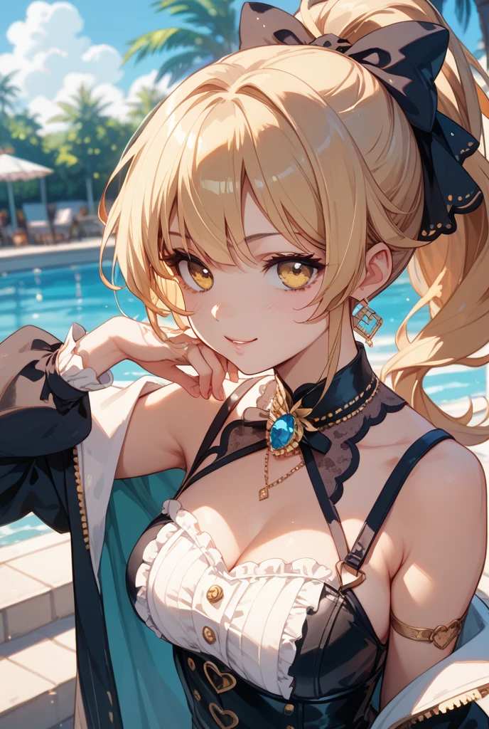 masterpiece, best quality, highy resolution, 1girl, solo, lumine (genshin impact), blonde hair, short hair, black flower ornament hair, black summer dress, pool, sunny, blushes, big breasts, upper breasts, captivating, attractive, gorgeous, smooth, glowing skin, full body, lying by the pool, queen abyss, separate legs