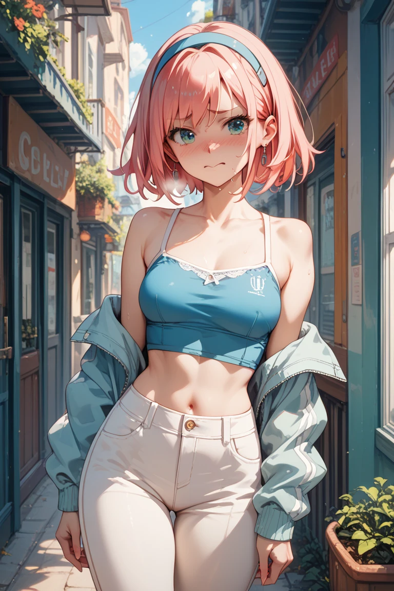 Wearing a light pink bra、A slender woman wearing a dark pink jacket over her。Her pants are denim。Her hairstyle is a ponytail。Her hair color is brown、The eyes are red。Her breasts are exposed through her bra。Having sex。