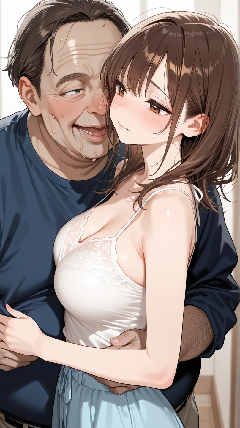 score_9, score_8_up, score_7_up, source_アニメ, 1male, 1girl, mature female,beautiful housewife, woman and husband, Skinny old male,old bold、 old man,Triangle, smile, looking at viewer, The mother is sitting, man is clinging on the female, white transparent clothes,tiny bra, from behind, (focus on her hips)