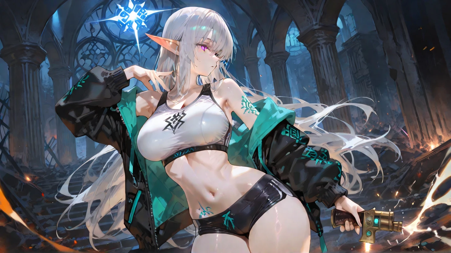 Anime Style、Silver super saiyan-like very short hair、Looking up at the sky from the ground、Adult women、Raise your chin 90 degrees、Red, skin-tight Chinese-style armor、Very thick thighs、Black thigh-high socks、Battlefield on a rainy night、Looking up at the sky from the ground、Six-pack、I can see my armpits, crotch, and navel.、Mansuji、Nipples