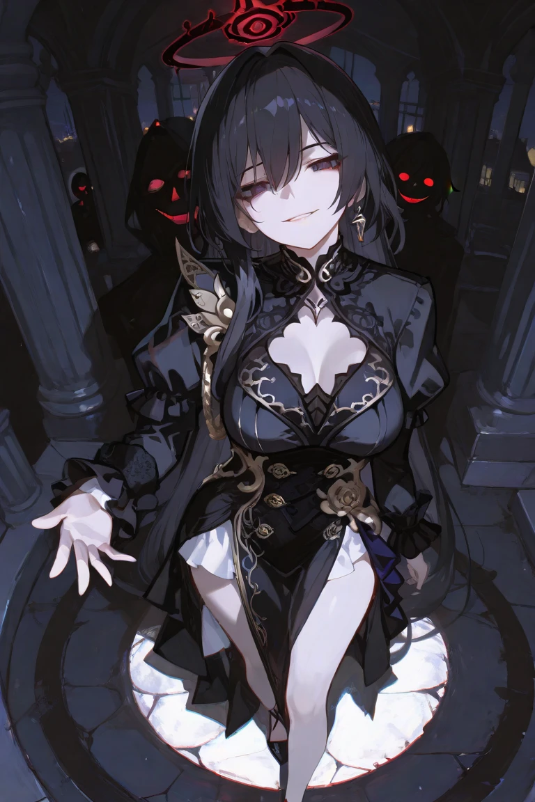 Gothic art, cinematic lighting, textured skin, masterpiece, high quality, high details, super detail, 8k, high resolution, Vampire girl wearing a black cloak, Vampire Carmilla, High resolution, crazy gaze, canines, fangs on the neck of a beautiful woman, All black outfit, tuxedo, red bowtie, large bat wings, In the great hall of an old castle, pausing on the stairs, the room is lit by candlesticks, from below