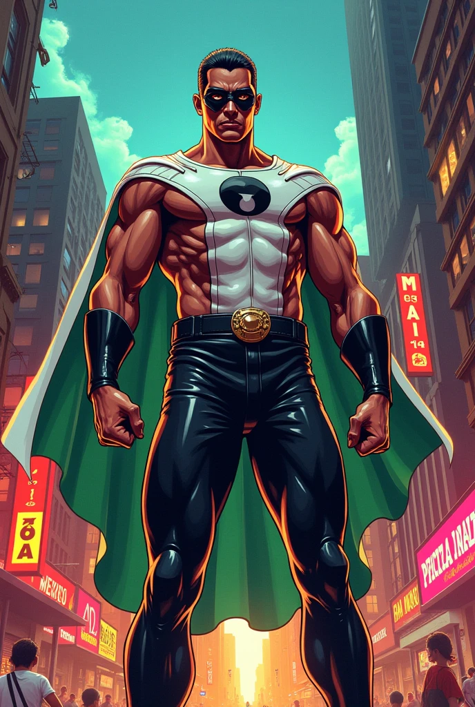 ((best quality)), ((artwork)), ((detailed)), bald man, muscular, black, in a white superhero outfit, with a cape on his shoulder, flying