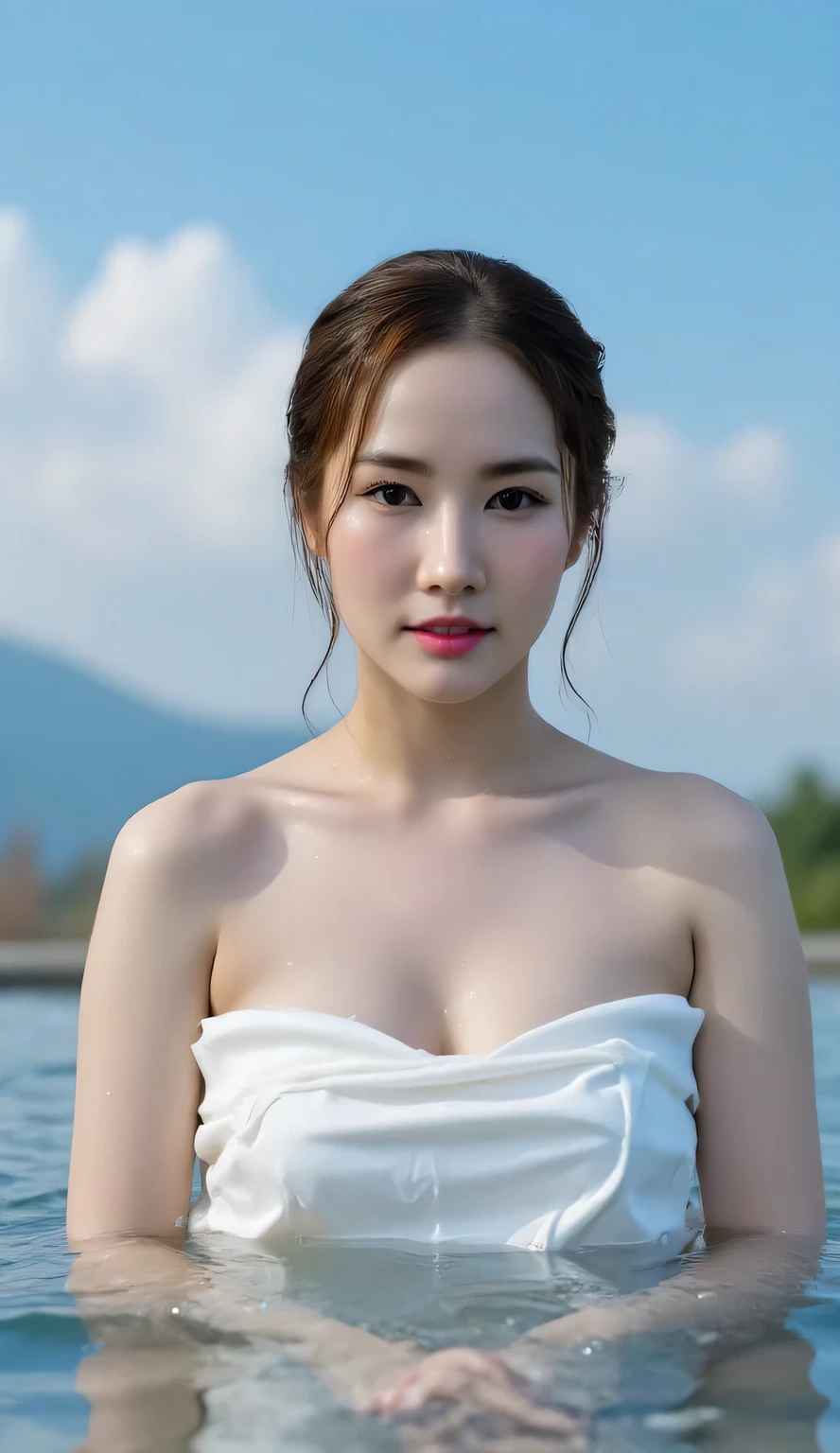 seorang wanita, soaking in an open hot spring bath, submerged body in hot bath, lots of hot steam around, looks like a mountain with a bright blue sky, shirt looks full body, body facing front, mata melihat kamera, bahu telanjang, lengan telanjang,  big  size G-cup, thick red lips, wajah terangsang, rambut warna hitam, full body and wet clothes