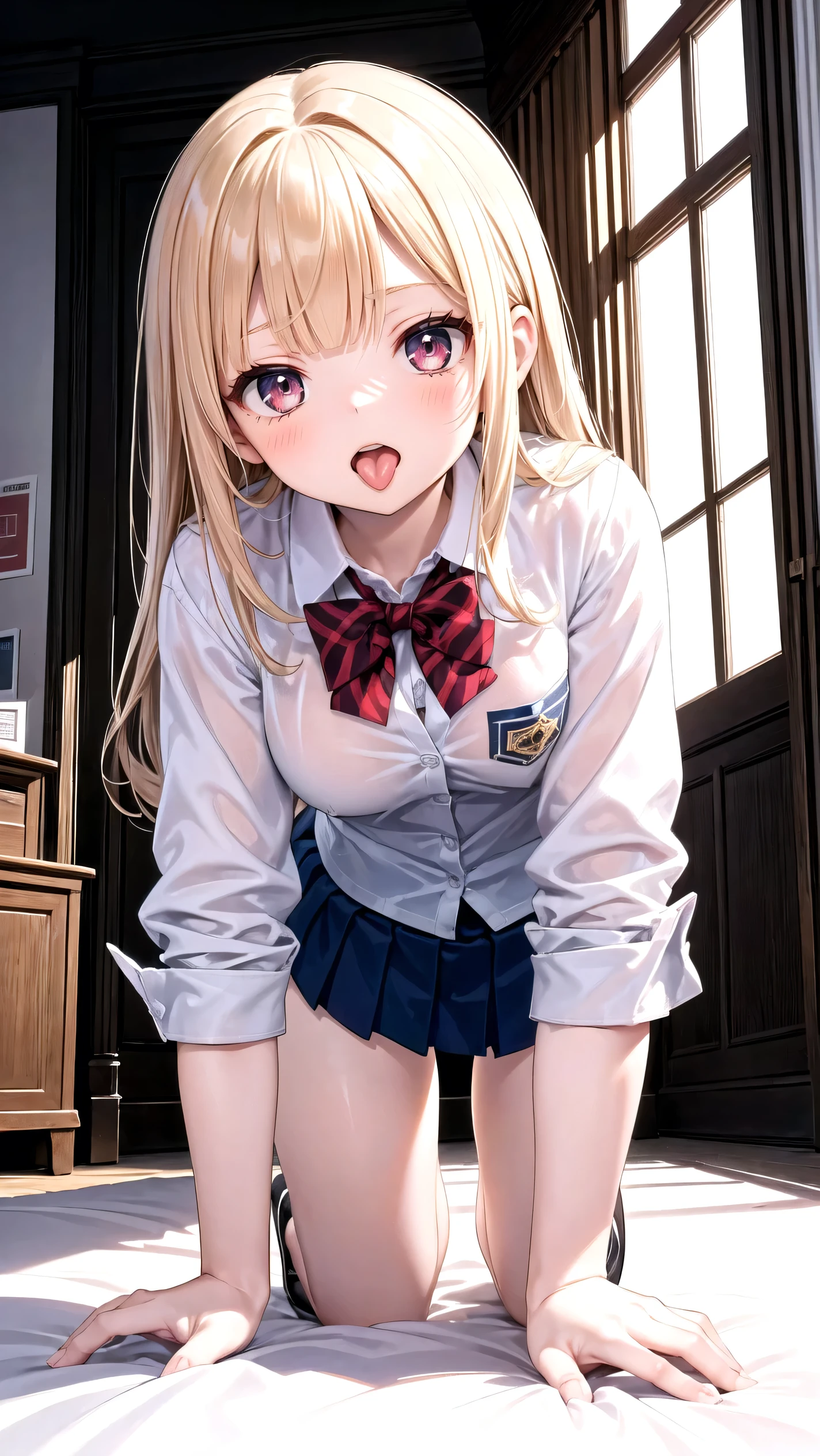 (masterpiece:1.2, highest quality), (Realistic, photoRealistic:1.4), Beautiful illustrations, (Natural Side Lighting, Cinema Lighting), Browsing Caution, (((Put on the collar.On all fours,Crawl,Place both hands and feet on the ground,Underwear in full view)),
View your audience, 3 girls, Japanese, high school girl, Perfect Face, Cute and symmetrical face, Shiny skin,
(Long Hair:1.8, ponytail:1.7, blonde), Parted bangs, Golden Eyes, Long eyelashes, (Large Breasts:1.5, Thick thighs),
Beautiful Hair, Beautiful Face, Beautiful details, Beautiful clavicle, Beautiful body, Beautiful breasts, Beautiful thighs, Beautiful legs, Beautiful fingers,
((((Long sleeve)), Roll up your sleeves, White collared shirt, Navy Pleated Mini Skirt, Black socks, Brown Loafers, Red bow tie, Sukesuke bra,Big earrings,big breasts protruding from the bra)), Pink Panties,
evening,classroom, (Sexy Eyes, squint,Watery eye,Troye), (((Spread your legs wide)))、Spread your legs、Spread your legs,(((Stick your tongue out,Embarrassed face,Embarrassed,blush))),Drooling,Sweat,Soaking wet,(((The uniform is peeling off,Underwear is visible,Panties in full view))),(((Shooting from under the crotch,Low - Angle,Crotch and chest are completely visible)))