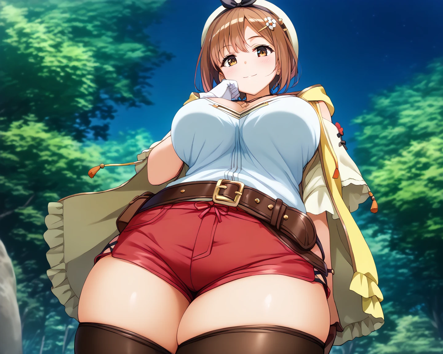 ((anime:1.35)),,((best quality)), ((highly detailed)),(((sketch:))) extremely detailed face, beautiful face,((1girl)),((solo)),(shiny skin),((full body:)),(looking at viewer), riza, brown hair, single glove, ((thighhighs,white thighhighs:1.15)) brown eyes, red shorts, jewelry, belt, hat, white headwear, necklace, yellow jacket, hair ornament, short hair, brown glove, shirt((huge breasts:1.12)),,((hanging breasts:1.25)),nsfw, (((bottomless:1.45))),((cleavage:1.15))(thick thighs:1.15),(curvy:),(wide hip:1.05),((pussy:1.35)),((outdoors:1.25)),,,((park:1.5)),((standing:1.35)),,((nose blush:1.45)),(happy:1.15),(angry:0.95),(closed mouth),BREAK ((brown boots)),((thigh boots:1.35)),,hand on hip,(from above)