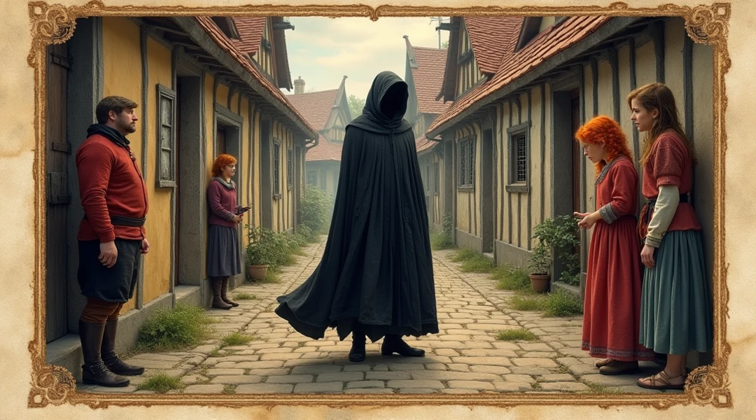 Create an image: Medieval wooden room, a shelf with pots, books and drawers, a table with a white cloth and barrels scattered around the room. There are five people in the room, all in black outfits, hood and hems. The appearance of people are: a brunette with braided hair, a boy with red hair and blue eyes, one with blond hair and green eyes, a tall dark man, and a tall man, stark, blackquality hair, blue eyes and menacing appearance.