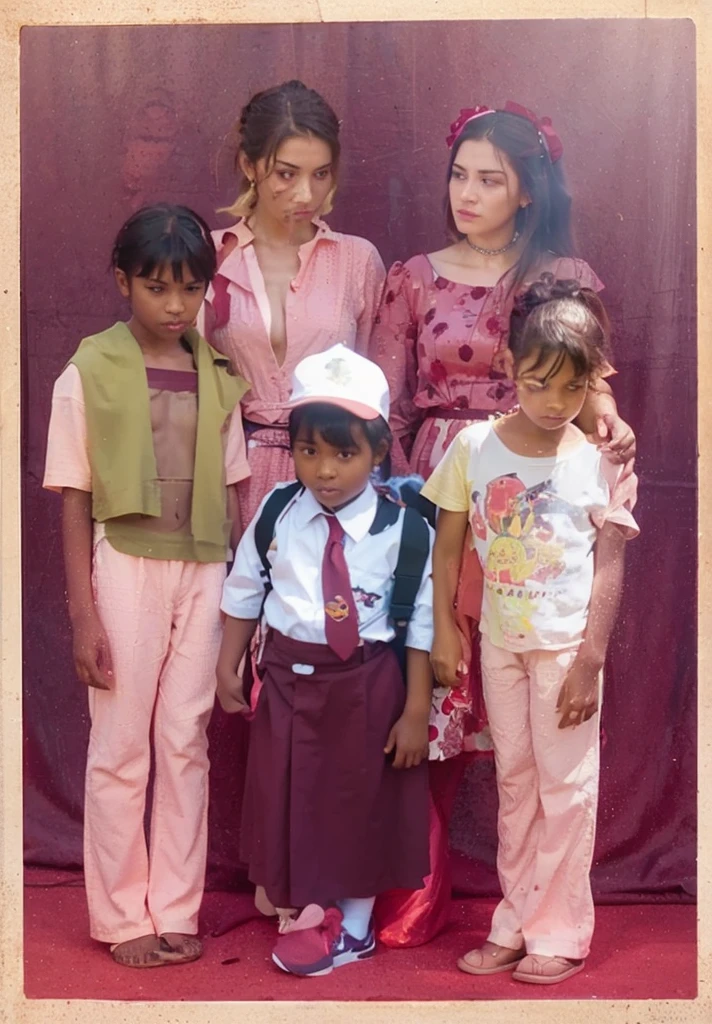 A 10 year old boy with brown hair, white skin, green eyes with a white button-down shirt and a 10-year-old girl with black hair in a pink shirt are in front of a tall, thin man with a black cape