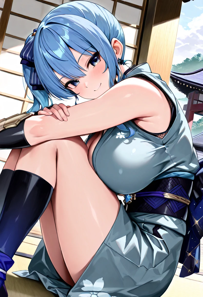 hoshimachi suisei,blue eyes,blue hair,choker,hair between eyes,medium hair,side ponytail,スターchoker,1 girl,highest quality, High resolution,(thin and beautiful eyes:1.6),(perfect hands, perfect anatomy),(((masterpiece))),((highest quality)),shyness,troubled face,blush,whole body,ninja,Kunoichi,Shinobi,kimono,cleavage,sexy panties,panties are visible,,thin waist,Narrow back alley at night