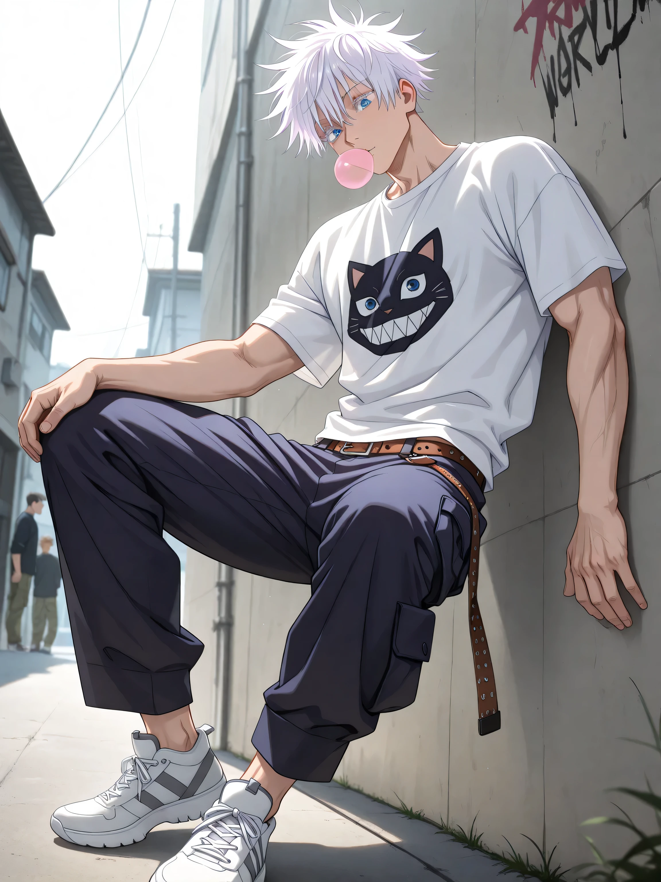 (masterpiece, best quality), amazing quality, very aesthetic, absurdres, highres, newest, HDR, 8K, anime style, cinematic, professional lighting, backlighting, dynamic angle, 1man, adult, male focus, gojou satoru, jujutsu kaisen, white hair, short hair, ((hair between eyes)), colored eyelashes, white eyelashes, blue eyes, intricate eye iris, detailed eyes, muscular male, sexy man, handsome man, handsome face, Leaning casually against a graffiti-covered wall, chewing gum, bubble gum, oversize tshirt, cargo pants, Rocky belt with rivets, sneakers, cool_man_style, cool man, stylish man, handsome man, male cool clothes, cool fashion, intricate clothes, intricate accessories, intricate patterns, cool, stylish,