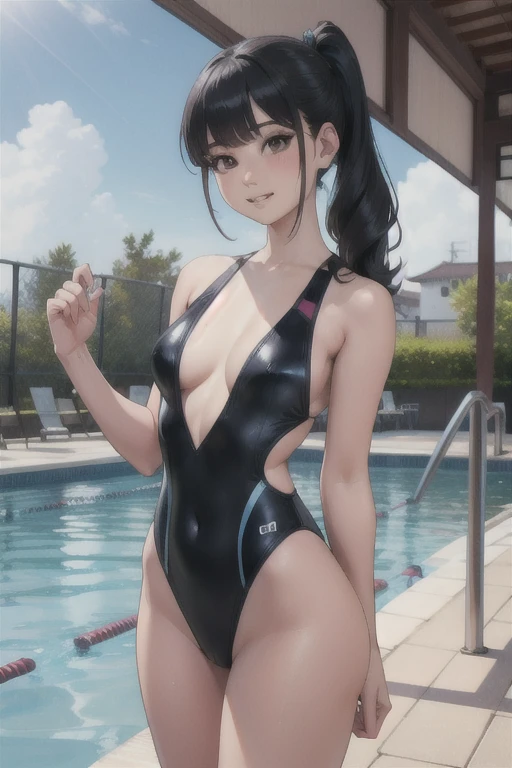 1lady solo, standing, (competition swimsuit:1.2) stylish, mature female, /(black hair/) bangs, blush kind smile, (masterpiece best quality:1.2) delicate illustration ultra-detailed BREAK (shower room) indoors, simple wall, tile floor