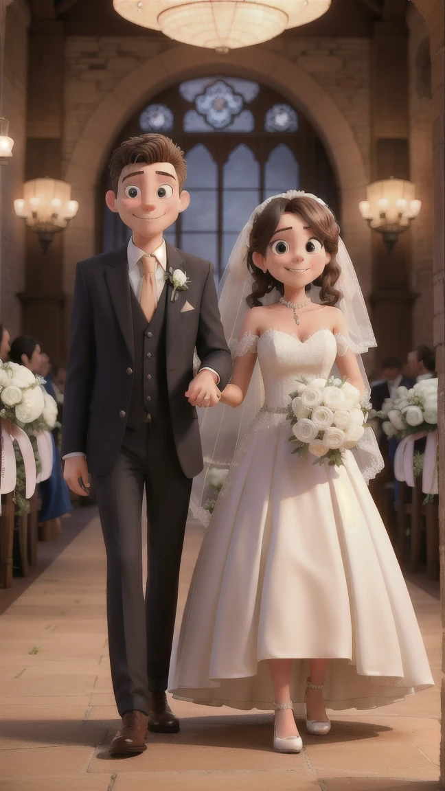 A man and a woman in formal attire pose for a photo, wedding, Cute couple,  Elegant couple, portrait，(best quality,high resolution,masterpiece:1.2), Disney Pixar style couple, Extremely detailed, (Practical,photoPractical,photo-Practical:1.37), Vibrant colors, Stage lighting
