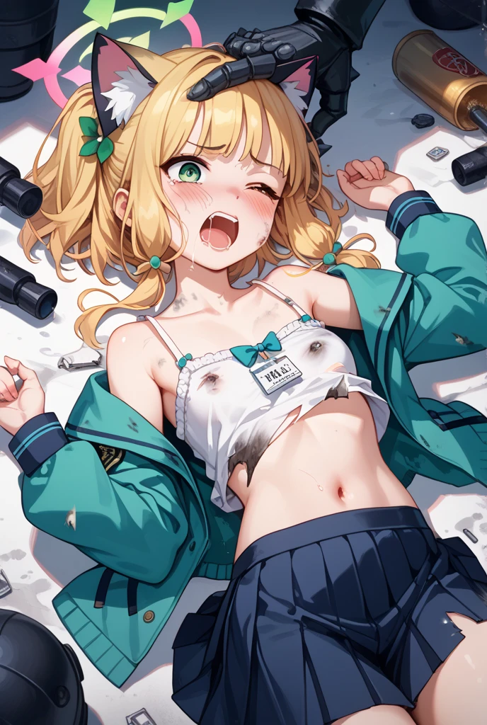 (masterpiece:1.2), (highest quality:1.2), No Shadow, Perfect Eyes, Perfect Face, battlefield, Devastation, rubble, 1gboy, Blonde, ((flat chest)), Noble long hair, Medium Hair, Blue eyes , ((((NUDE))), open mouth, front, arms behind head, spread legs, eyes closed ,, (Upper Body), from directly below, (scared) , ((disdain)), glaring, sweat , ((cum on pussy)),smile