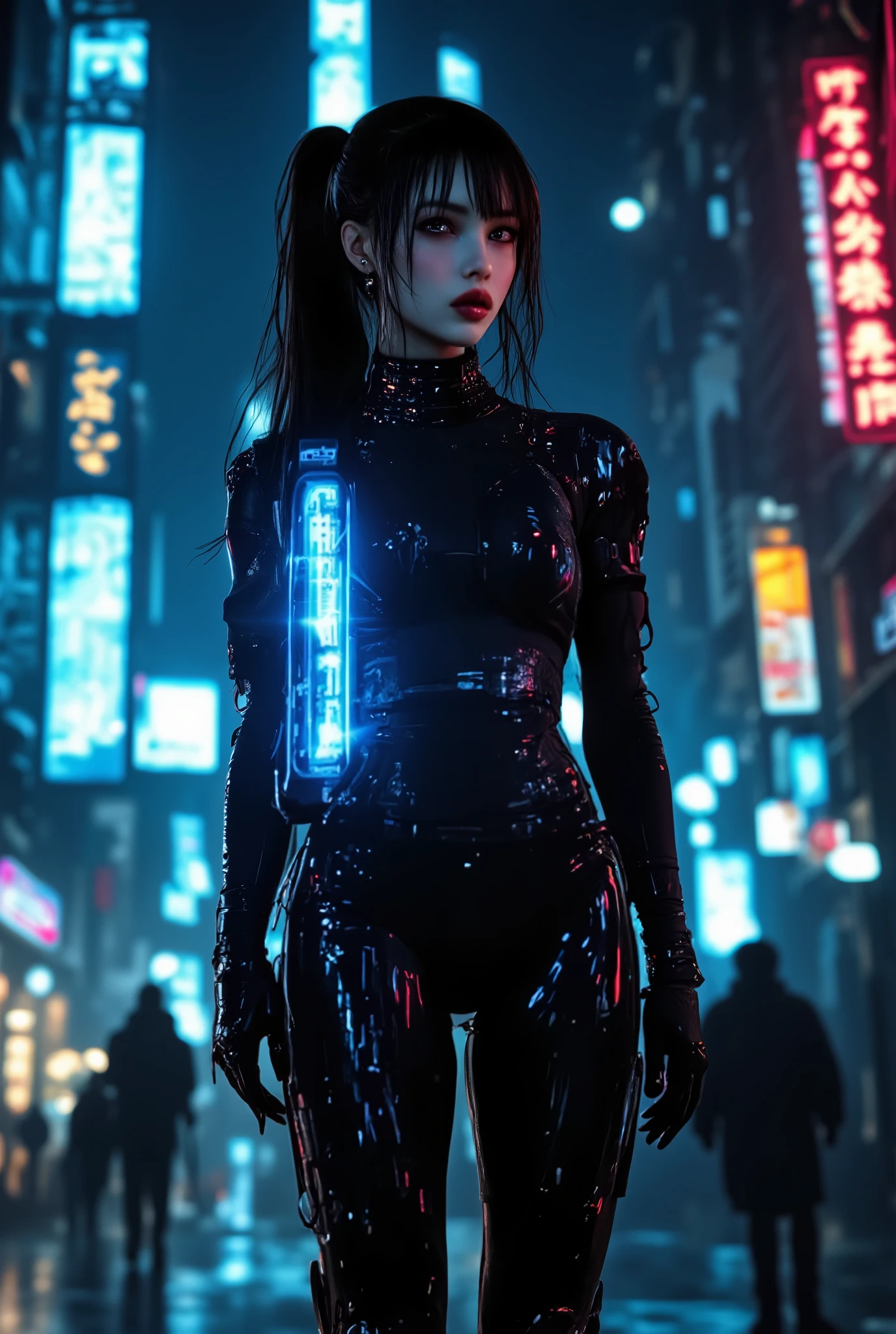 An ultra-realistic female anime character amidst a neon-drenched cityscape at night. The digital artwork showcases exquisite detailing, from her expressive eyes to her cyberpunk attire. A masterpiece in 8K resolution, immersing viewers in a captivating cyberpunk anime experience. Photo taken by Hiroshi Sugimoto with a Nikon D850 and a 50mm lens, Studio lighting, Neon ambiance. 8K, Ultra-HD, Super-Resolution. --v 5 --q 2