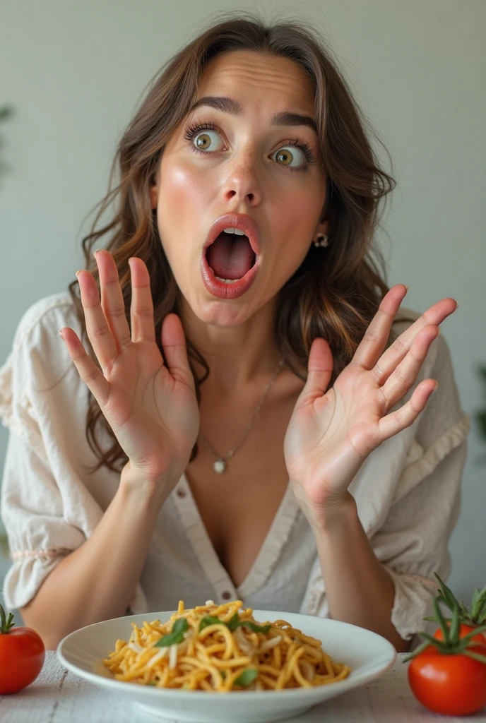 Por favor, crie uma imagem que retrate uma cena dentro de um quarto bem iluminado, where a young woman of 20 years is gently holding a small yellow chick in her hand. His expression is one of surprise and shock, Arafed woman with open mouth and hands on face, shocked expression on her face, shocked expression, surprised expression, surprised expression on her face, expressive surprised expression, muito surpreso, olhar chocado, surpreso, wide eyes shocked expression, parecendo surpreso, with his mouth open and his hands on his face in a gesture of astonishment. His eyes are wide and his face reflects an expression of genuine shock. The image should be of ultra-high quality (8k) para capturar todos os detalhes e ser uma verdadeira obra-prima (1.2 of artistic quality). The representation should be realistic and photo-realistic (1.37) para dar vida aos elementos, enfatizando o tamanho pequeno e a cor amarela vibrante do pintinho. I want the image to be ultra-detailed to highlight each feature.