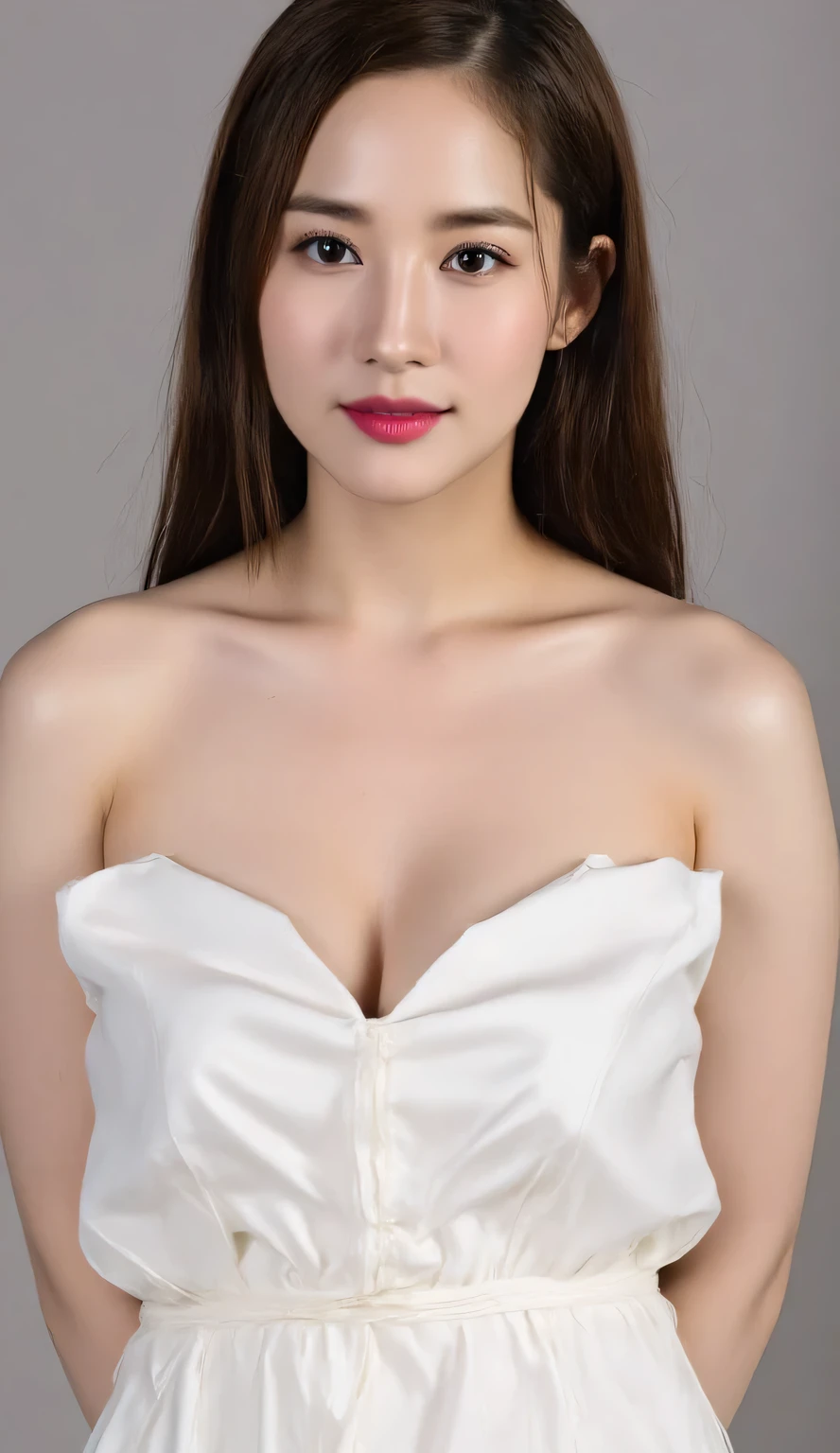 1 girl, maduro, Red hair, Red eyes, big breasts:1, White dress, simple background,