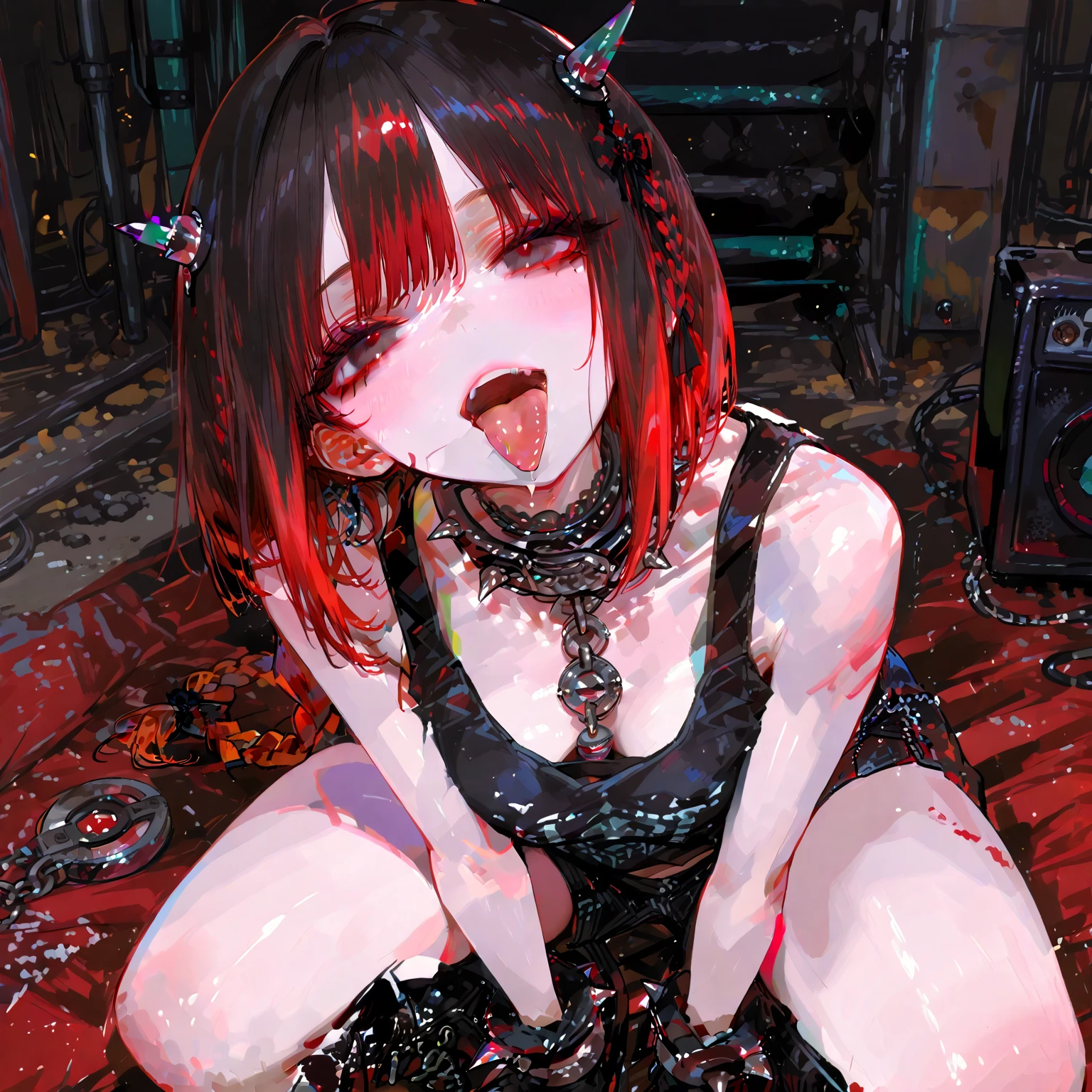 Ultra-realistic 8k CG, masterpiece, best quality, (photorealistic:1.4), absurdres, extremely detailed, real hair, life-like, horror scene, dark setting, provocative pose, girl covered in slime, fingering pussy, implied fingering, hand under clothes, fingering, walking on the street, wetting bed, messy purple-black hair, blue eyes, very skinny, goth girl, rolling eyes, wet goth clothes, wearing pink panties, choker, high shoes, full-body fishnet, skull print, squirt, very horny, heart pupil, tongue out, drool flowing from her mouth, aphrodisiac, long black nails, large tattoo, very sweaty body, wet pussy, small breast, wet breasts, small ass, nipple pierced, gothic accessories, gothic neck belt, gothic belt, pierced elf ears, wolf ears, on the bed, ahegao, , blush, embarrassed, squirting, 115cm tall, wet, wetting