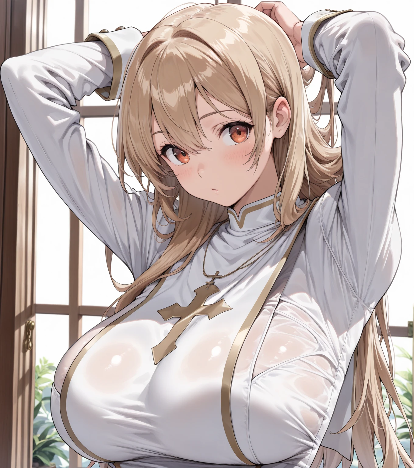 One Girl、Blonde Hair、long hair、Hair between the eyes、Braid、Close ~ eyes、profile、profileのクローズアップ、Open your mouth、Off the shoulder、Completely naked、No clothes、clavicle、Big Breasts、Huge breasts、Large areola、Nipples、tongue、Wide open mouth、forward leaning posture、