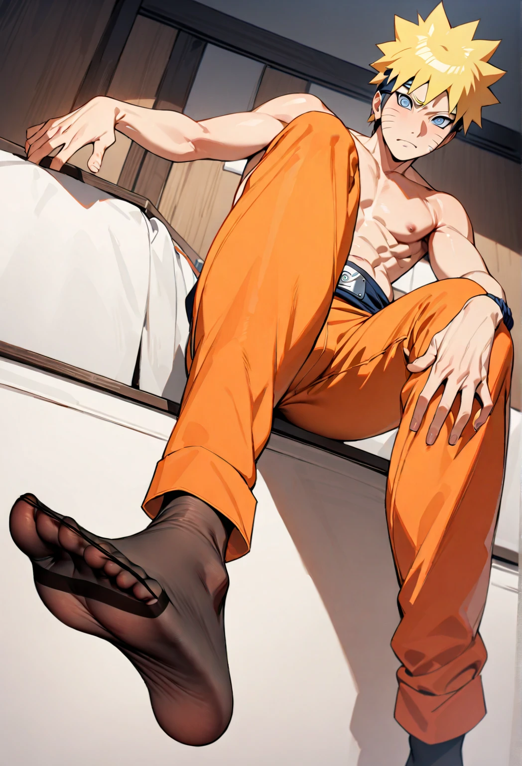 ( Huge and muscular thigh muscles)  uzumaki Naruto, lots of sweat flowing down, topless, shirtless, sunny, shiny skin, tanned skin,bodybuilder, huge body,huge, sexy muscular body,super giant body, muscles exploding and muscular,huge, muscular chest muscles, huge, muscular biceps,cute baby face, lying down, lying in a comfortable position