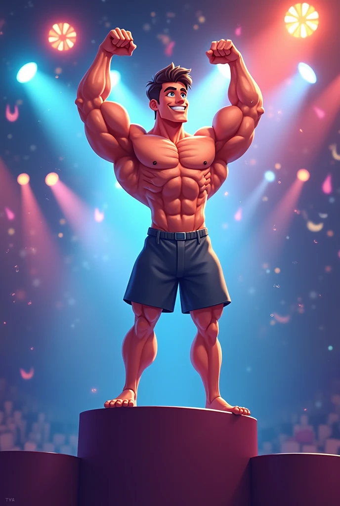 a Persian man posing on a stage with his arms up and a smile on his face, a portrait by Byron Galvez, featured on instagram, Baroque, body builder physique, Physicist exagerado, Physicist muscular exagerado, Mr. Universe, big fit ass, long, stark, Physicist |, corpo fitness ifbb, body builder posing, body builder, body builder body, ernest khalimov body
