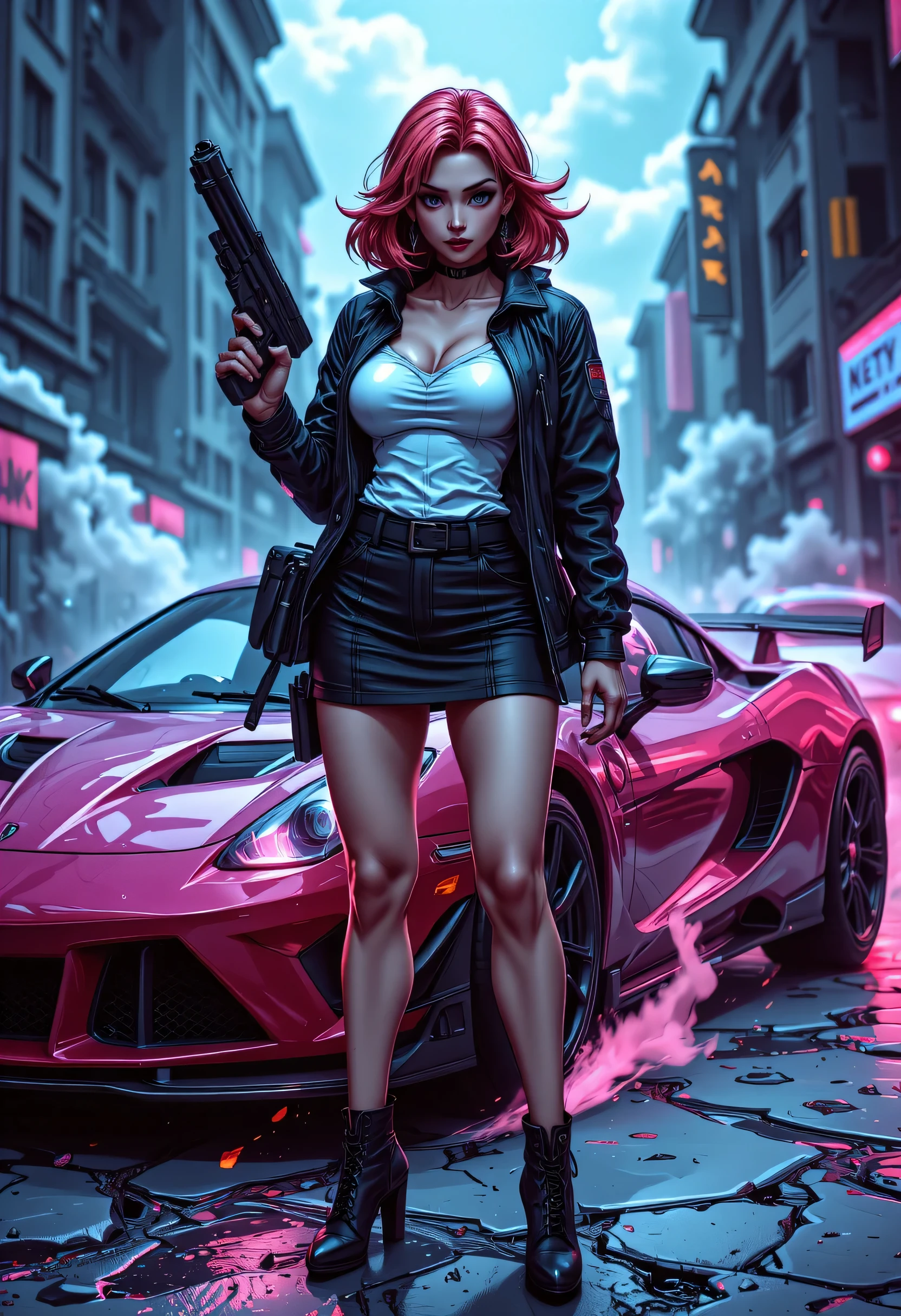 an anime portrait of a beautiful woman ready for battle, she is standing near her sports car, a mature woman, ((full body)), (ultra detailed face: 1.2), looking tense, looking dangerous, dynamic eye color, dynamic hair color, dynamic hair style dynamic skin complexion, holding a gun, wearing intricate leather leather jacket, white T shirt, small cleavage, skirt, wearing high heeled boots, BREAK standing near her car, ready to battle car, slick car, vibrant, Ultra-high resolution, High Contrast, (masterpiece:1.5), highest quality, Best aesthetics), best details, best quality, highres, 16k, (ultra detailed: 1.5), masterpiece, best quality, (extremely detailed) RAW, (ultra details, Masterpiece, best quality), Intense gaze , faize, Celestial Fantasy, zavy-ctcmcs, w1n, hyp3rd3tail style, Celestial Fantasy